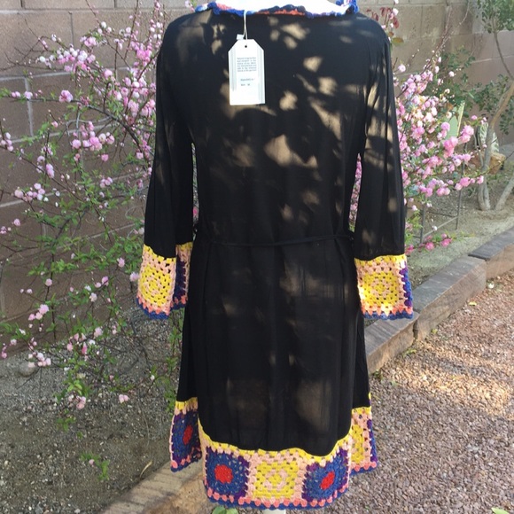 Black Crochet Bohemian Tassel Tie Tunic Dress - Picture 3 of 4